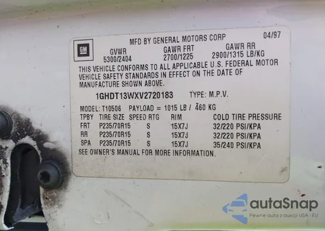 1997 Oldsmobile Bravada из США, поврежденный, VIN 1GHDT13WXV2720183